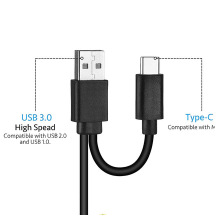 Black USB 3.0 to Type-C cable with text callouts indicating high speed compatibility with Mac OS and USB 2.