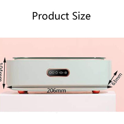 Product size diagram showing a rectangular appliance on a pedestal with dimension arrows and labels: 104 mm tall, 206 mm wide, and 63 mm deep, under the heading 'Product Size'.