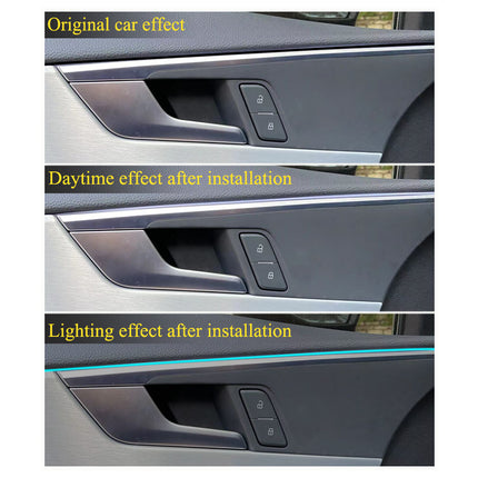 Three-panel comparison showing a car door handle trim strip in different lighting conditions: original car effect, daytime effect after installation, and lighting effect after installation. The panel includes a dark gray/black door insert with a metallic silver trim accent.