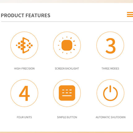 Product features with icons and text on a beige background