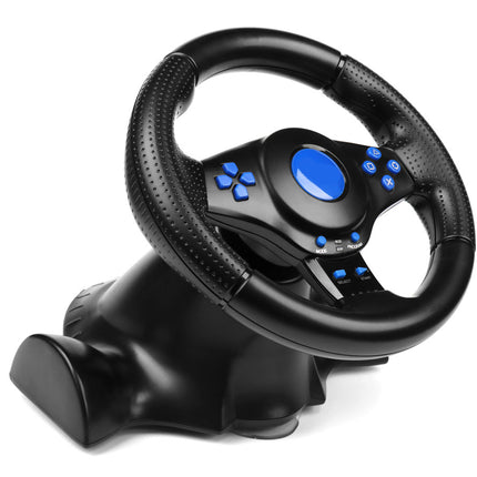 Black gaming steering wheel with blue buttons on a white background