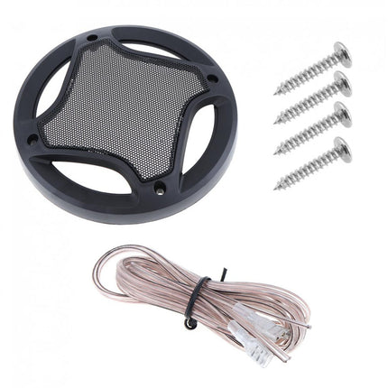 Speaker grill with screws and cable on a white background