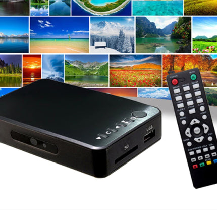 A black digital media receiver box with a matching remote control, shown against a collage background of landscape and scenery images.