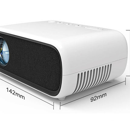 White projector with dimensions indicated on a white background