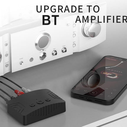 Audio equipment with a smartphone and text 'Upgrade to BT Amplifier' on a gray background