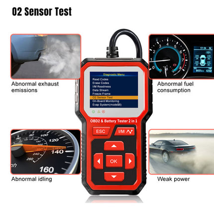 Car diagnostic tool with O2 sensor test features and related issues displayed.