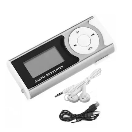 Digital MP3 player with earbuds and cable on a white background