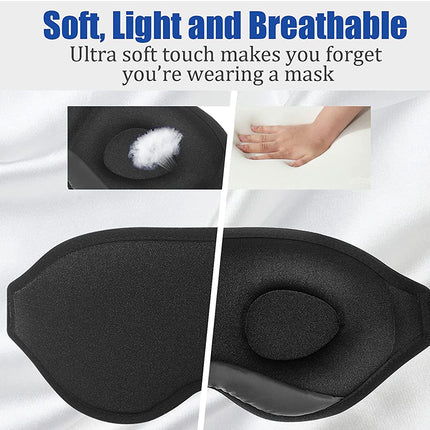 Black eye mask with text highlighting softness, lightness, and breathability on a white background.