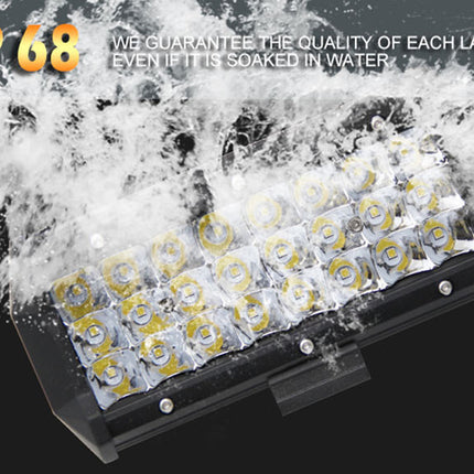 LED light panel with water splashes and text guaranteeing lamp quality even when soaked.