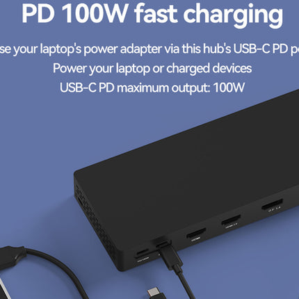 USB-C hub with multiple ports on a blue background, featuring text about PD 100W fast charging.