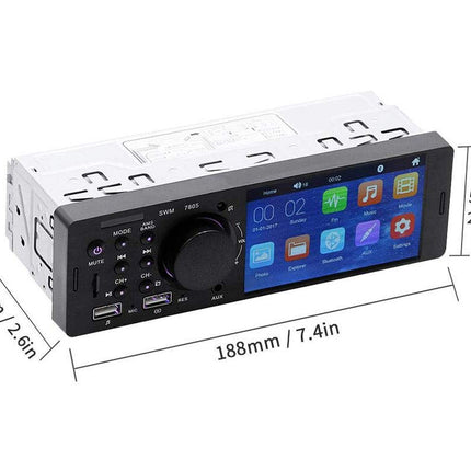 Car stereo system with display and control buttons, showing dimensions on a white background