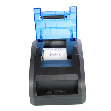 A black and blue thermal receipt printer with a roll of paper inserted, shown on a plain white background.