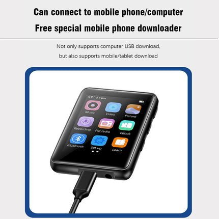 A black portable music player or downloader device with a screen showing colorful app icons, connected to a cable, centered on a light gray background with promotional text above.