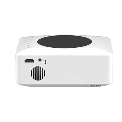 White electronic device with a black circular component on a white background