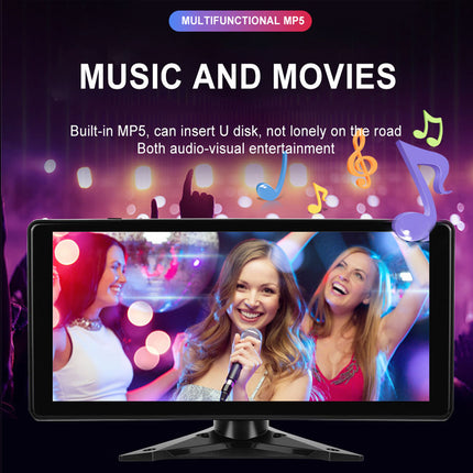 Multifunctional MP5 device with screen displaying three women singing, colorful music notes in the background.