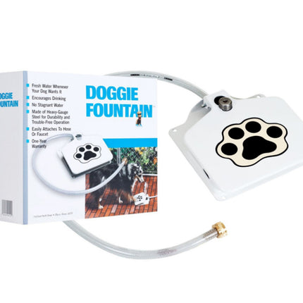 A white plastic dog fountain with a black paw print design, shown next to its retail packaging box on a white background.