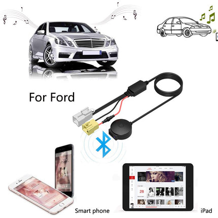 Car audio adapter with smartphone, tablet, and car illustrations on a white background