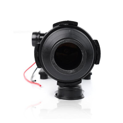 Black mechanical component with red wire on a white background