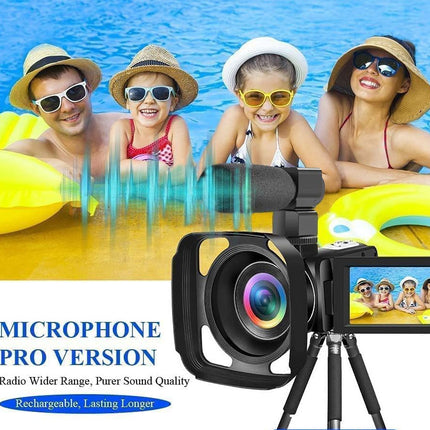 Camera with microphone on a stand in front of a family by a pool