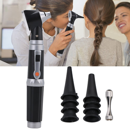A handheld otoscope with a black and silver handle, shown alongside three black ear tips and a metal probe on a white background, with a small inset photo at the top showing a doctor using the device on a child.