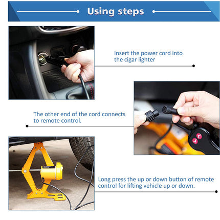Instructions on using a car jack with power cord and remote control.