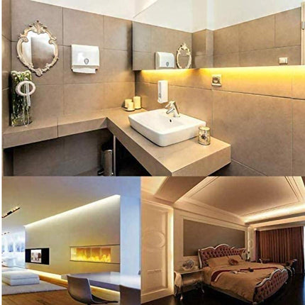 Bathroom and bedroom interior design with lighting fixtures.
