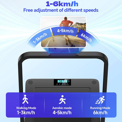 Treadmill with speed adjustment display and running modes on a blue background