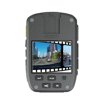 Body camera with screen displaying a city street scene on a white background