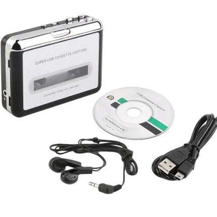 Cassette player, USB cable, earphones, and CD on a white background