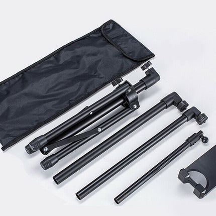 Set of black adjustable metal stands with a carrying case on a white background