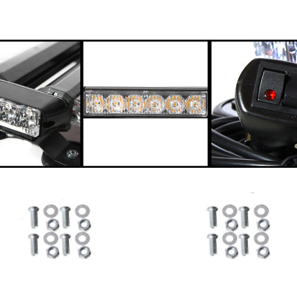 An 8 LED off-road light bar with a black housing and chrome mounting hardware, shown in a multi-panel layout with close-ups of the light bar, the power switch, and the mounting bolts and washers.