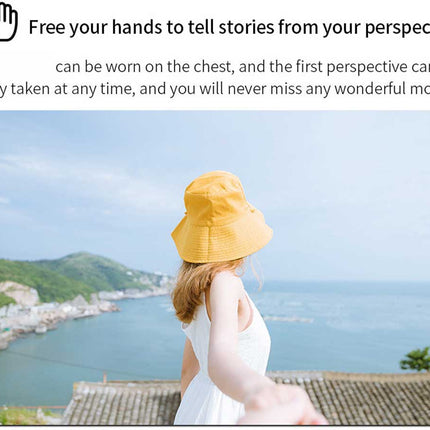 Woman in a yellow hat overlooking a scenic view with text about a product.