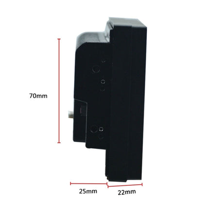 Black electronic component with dimensions labeled on a white background