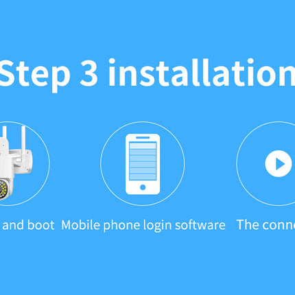 Step 3 installation guide with icons for power and boot, mobile phone login software, and connection on a blue background.