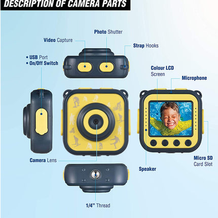 An educational diagram showing multiple views of a waterproof action camera with labeled parts such as camera lens, photo shutter, video capture, strap hooks, colour LCD screen, microphone, USB port, and micro SD card slot, set against a light blue background.