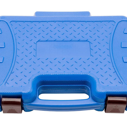 Blue tool case with textured surface and visible latch on a white background