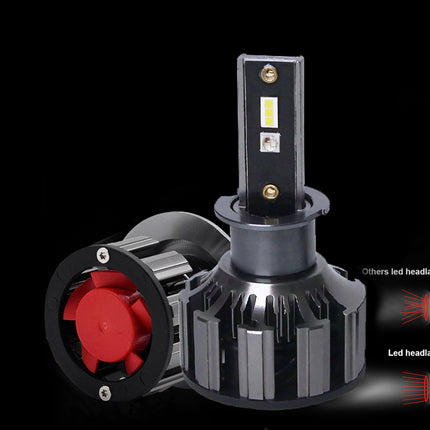 A high-performance LED headlamp with a metallic silver heat sink and a black top module, shown alongside a circular lens view with a red center. The image is set against a solid black background with a simple diagram on the right illustrating light rays.