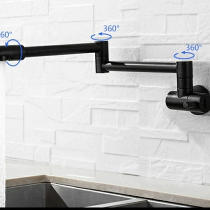 Black adjustable kitchen faucet with water running, shown mounted against a white subway tile backsplash with blue 360-degree rotation indicators.