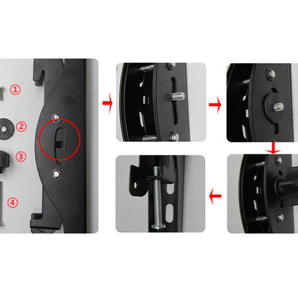 Step-by-step assembly diagram of a mechanical device with labeled parts on a white background.