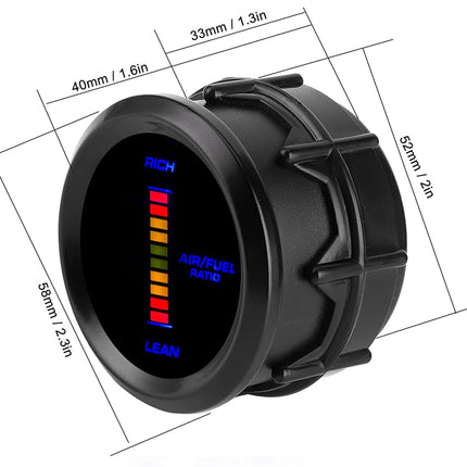 Black electronic gauge with digital display and measurements on a white background
