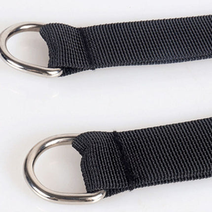 Black webbing strap with metal D-rings on a white background