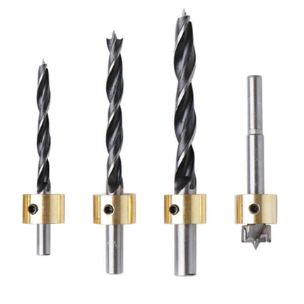 Set of four drill bits with different designs on a white background