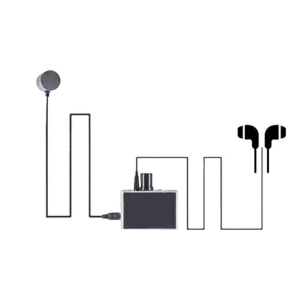 Black and white line art of a microphone, headphones, and other audio equipment on a white background