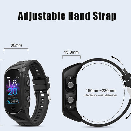 A smartwatch shown on a light blue background with text and measurement callouts explaining adjustable hand strap sizes, including 30mm, 15.3mm, and 150mm-220mm wrist diameter.