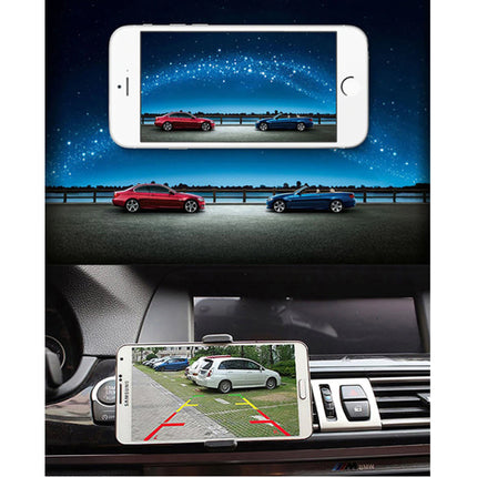 A smartphone mounted in a car dashboard holder, displaying a rear-view camera image with red and yellow parking guidance lines. Above it, a larger phone mockup shows a night scene with two cars under a starry sky.