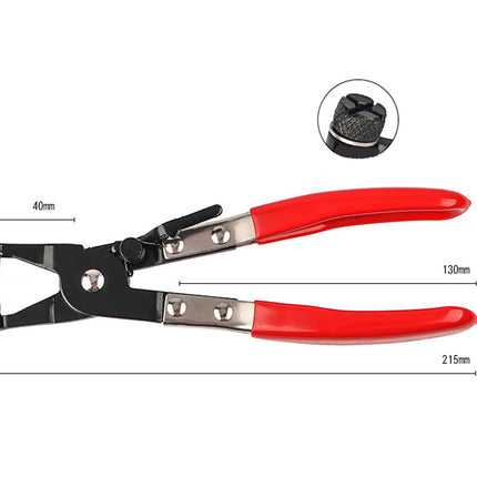 Red and black cable tie crimping tool with dimension markings showing 40mm, 130mm, and 215mm, plus a circular inset showing the textured black cable tip.