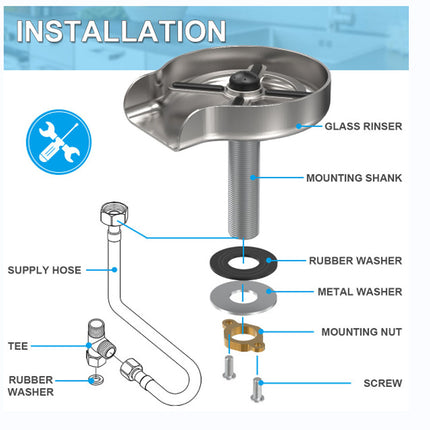 Installation diagram showing a stainless steel glass rinser faucet component with labeled parts including glass rinser, mounting shank, rubber washer, metal washer, mounting nut, screw, and supply hose on a white background.