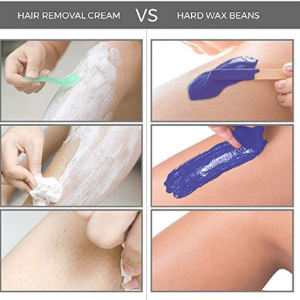 Comparison of hair removal cream and hard wax beans with step-by-step visuals.
