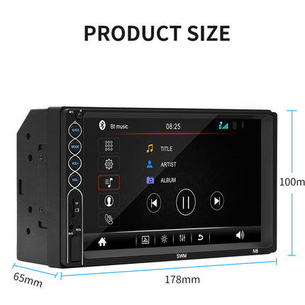 Car multimedia player with Bluetooth and music controls, shown with dimensions on a white background.
