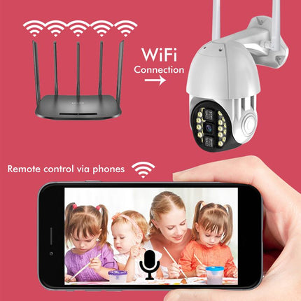 WiFi security camera with multiple antennas, a wall mount, and a smartphone showing a live video feed of children, set against a pink background with text indicating remote control via phones.